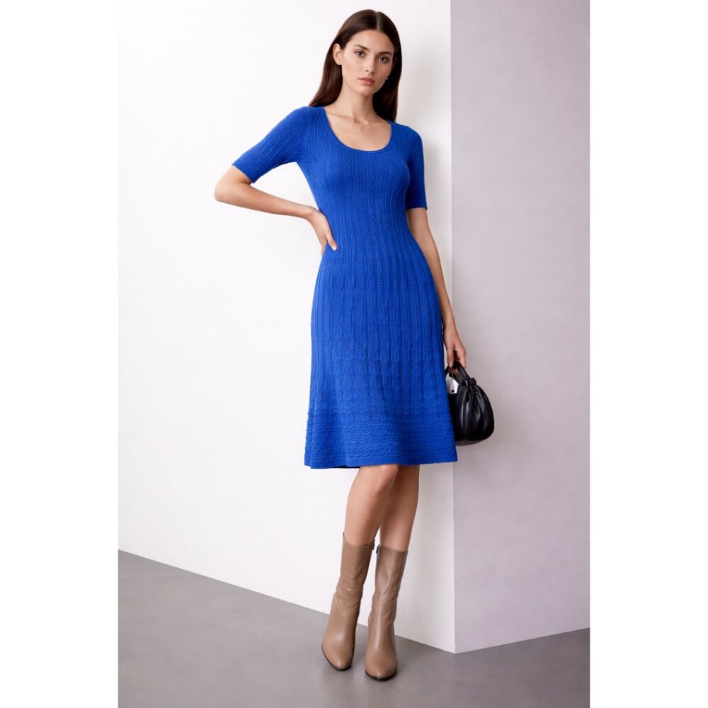 Missoni Blue Textured Knit Midi Dress Fit & Flare Italian Designer Size 42 / SM